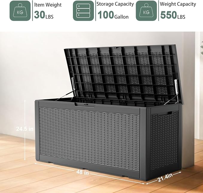 DRATO 100 Gallon Large Deck Box, Outdoor Storage Box for Patio Furniture, Patio Cushions, Gardening Tools, Pool Supplies, 660lbs Weight Capacity, Waterproof Resin Storage Boxes (Black, 100 Gallon)