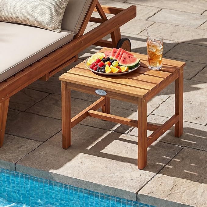 Tangkula Patio Acacia Wood Side Table, 17" Square End Table with Slatted Tabletop, Outdoor Wooden Accent Bistro Table for Backyard, Poolside, Garden, Porch, Indoor (Natural,1)