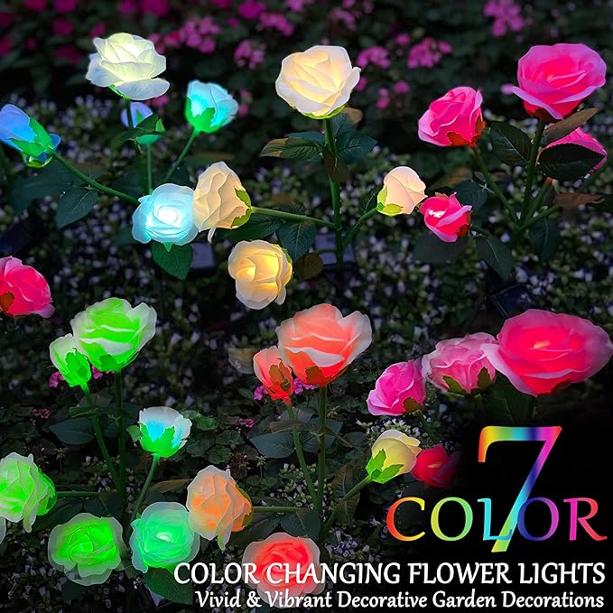 10 LED 7-Color Changing Solar Rose Flower Lights Garden Decorations Outdoor Waterproof Decorative Stake Lights for Patio Pathway Yard Lawn Decor(2 PCS Red)