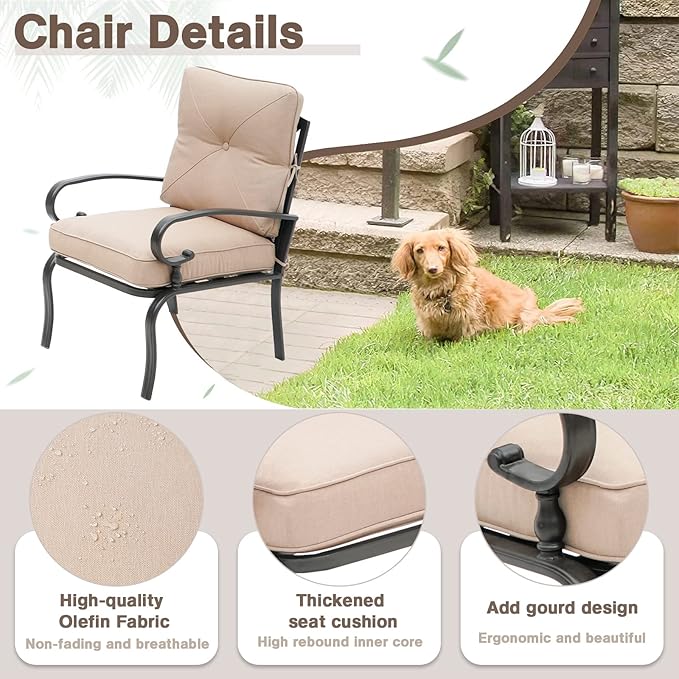SUNCROWN 4 Pieces Outdoor Metal Furniture Patio Conversation Set Loveseat, 2 Dining Chairs and Coffee Table for Lawn Front Porch Garden, Brown Cushions
