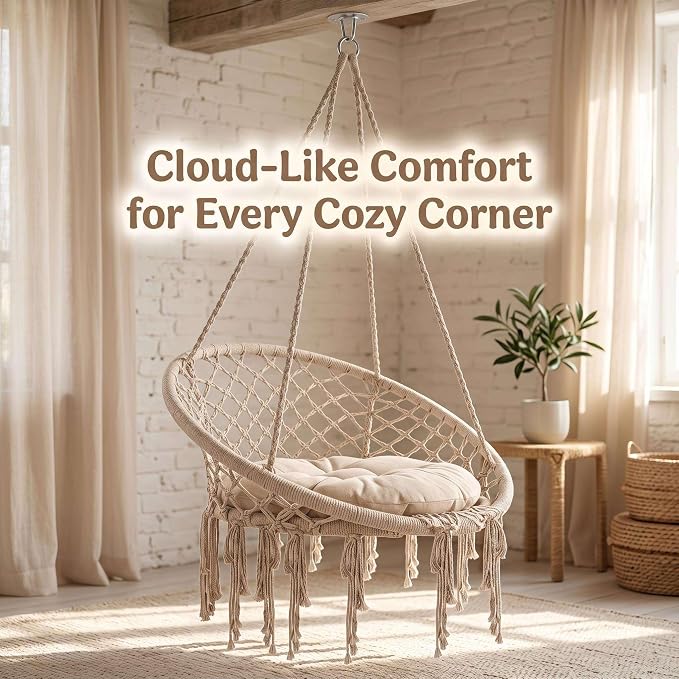 Boho Hanging Swing, Porch Swing Chair, 330 LBS Hanging Hammock Chair, Outdoor Swing Chair for Bedroom Balcony Living Room Patio Garden Indoor Outdoor Lounge