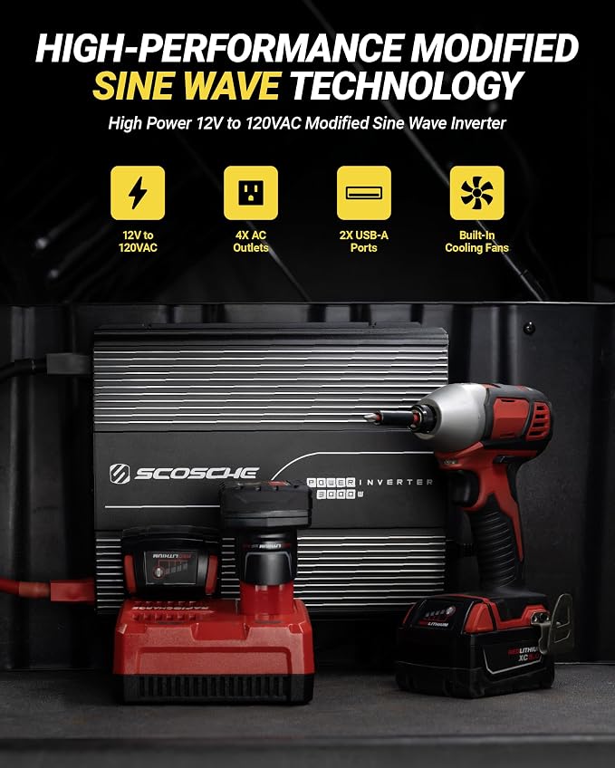 Scosche 3000W Modified Sine Wave Power Inverter, 12V DC to 120V AC Converter, 6000W Peak, 4 AC Outlets, Dual USB-A Ports, LED Indicator Light for Truck, RV, Semi-Truck, Home, Off-Grid Battery Systems
