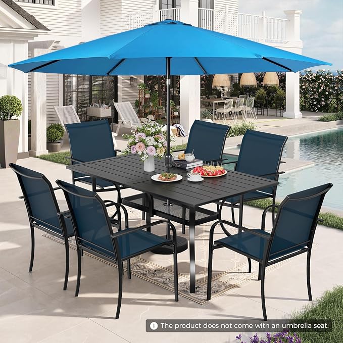 Incbruce 8 Pieces Patio Dining Set with Sky Blue Umbrella, Outdoor Dining Set of 6 Textilene Chairs and Rectangle Table with Umbrella Hole for Backyard, Garden, and Poolside (Blue)