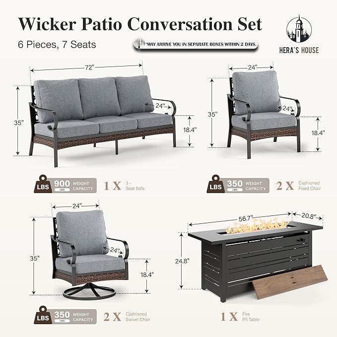 HERA'S HOUSE 6 Piece Metal Patio Furniture Set with 56" Fire Pit Table, All Weather Outdoor Conversation Set, 3 Seat Sofa, 2 Swivel Chairs, 2 Fixed Chairs, Seats 7 for Backyard, Garden, Deck, Grey