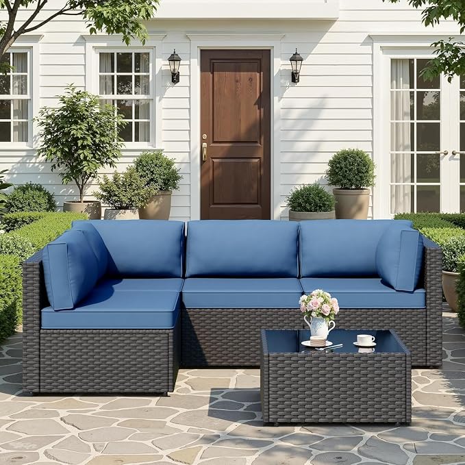 JAMFLY 5-Piece Patio Furniture Set, Outdoor Wicker Sectional Sofa with 4-Inch Thick Cushions & Coffee Table, All-Weather PE Rattan Conversation Set for Backyard, Garden, Poolside, Aegean Blue