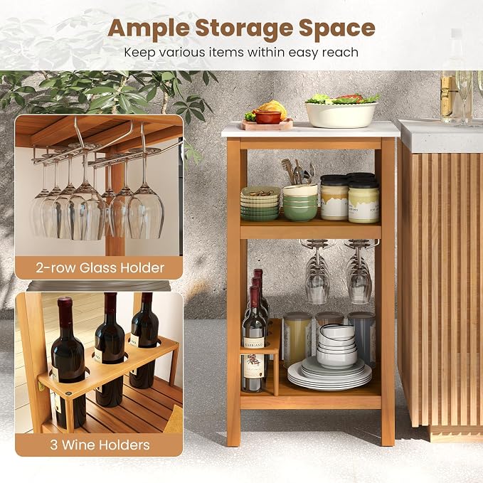 Giantex Acacia Wood Outdoor Side Table, Patio Buffet Cabinet Bar Table with Faux Marble Countertop, Glass & Wine Holders, Patio Storage Cabinet for Garden, Backyard, Kitchen