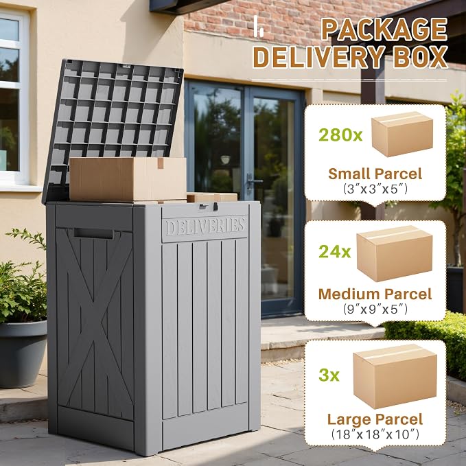 Devoko 48 Gallon Package Delivery Box Outdoor Secure Lockable, Waterproof Deck Box PP Material Storage Container for Porch, Deck (Gray, 48 Gallon)