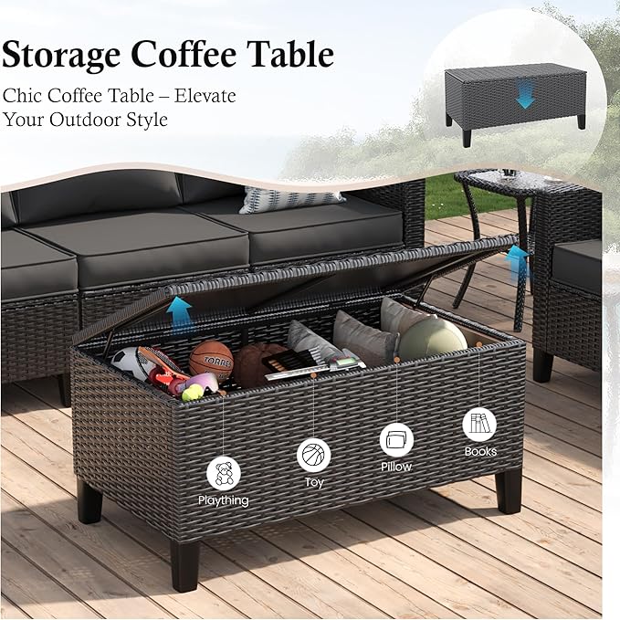 Amopatio Patio Furniture Set, 5-Piece Wicker Outdoor Sectional Sofa with Swivel Rocker Chairs, Rattan Conversation Set with Storage Coffee Table and Waterproof Cover for Backyard Black/Dark Grey