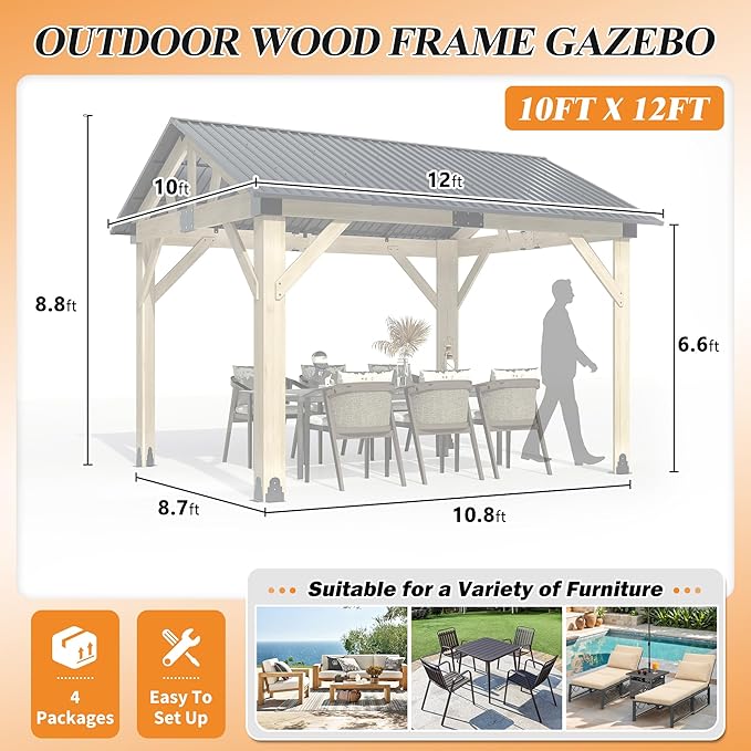 COVERONICS 10’x12’ Outdoor Wood Gazebo - Hardtop Patio Gazebos with Galvanized Steel Roof, Cedar Wooden Gazebo for Garden, Porch, Patio and Deck