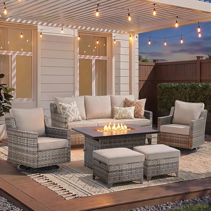 Patio Furniture Set with 42.5" Fire Pit Table-6 Pieces All Weather Wicker Outdoor Furniture with High Back Swivel Patio Chairs Set of 2 Outdoor Patio Conversation Sets for Deck Backyard Beige/Gray