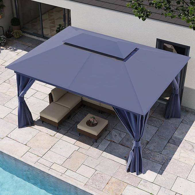 LAUSAINT HOME Patio Gazebo 10'x13', Outdoor Heavy Duty Party Tent Shelter with Double Roofs, Mosquito Nettings and Privacy Screens for Backyard, Garden, Lawn, Navy Blue