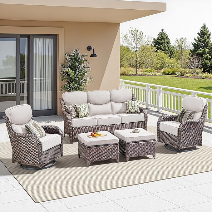 Luxury 5 Piece Patio Furniture Set-All Weather Outdoor Swivel Rocker Chairs with 6" Thick Cushions Multifunctional Ottoman Rattan Patio Conversation Sets for Porch Deck Garden Backyard(Brown/Beige)