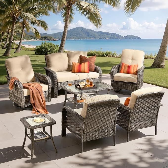 7-Piece Outdoor Patio Furniture Set with Swivel Chairs, Outdoor Conversation Wicker Sofa with Coffee Table, Rattan Couch for Deck Yard Poolside, Beige