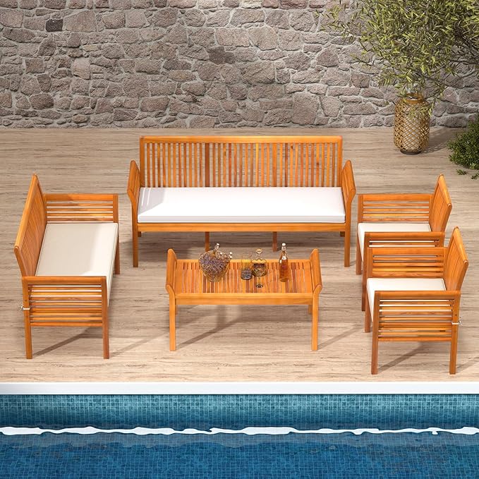 HAPPYGRILL 5 Pieces Acacia Wood Patio Conversation Set, Outdoor Furniture Sofa Set with Removable Seat Cushions, Sectional Sofa & Table Set for Garden Backyard Deck Poolside
