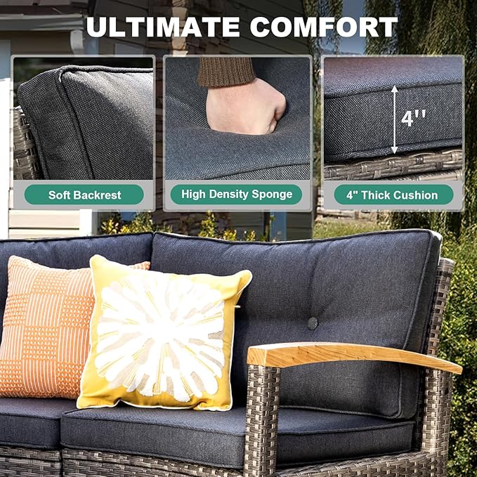MEISSALIVVE 8 Piece Outdoor Patio Furniture Set, Half-Moon Curved Sectional Set with Wood Armrests, Patio Conversation Set, 2 Half-Moon Ottomans，Coffee & Side Tables (Grey)