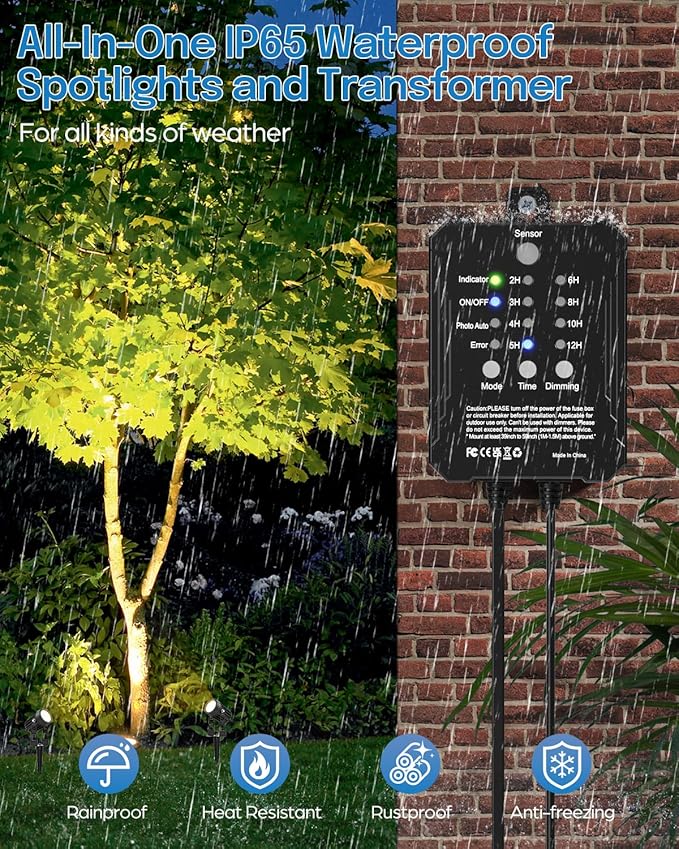 HIBOITEC Low Voltage Landscape Lighting with Transformer Photocell Sensor and Timer Spotlights Kit 56FT ETL Approved Wire 2700K 6 Packs