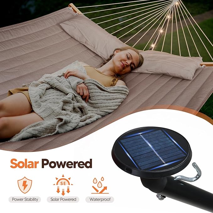 SUNCREAT Hammocks Outdoor 2 Person Hammock with Solar Powered Lights, Double Hammock with 12 ft Stand Included, Tan