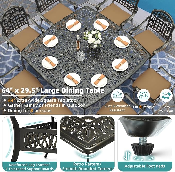 MEETWARM 9-Piece Outdoor Furniture Dining Set for 8, All Weather Cast Aluminum Patio Dining Set- Large 64" Square Table with Umbrella Hole and 8 Cushioned Chairs, Patio Table and Chairs Set, Khaki