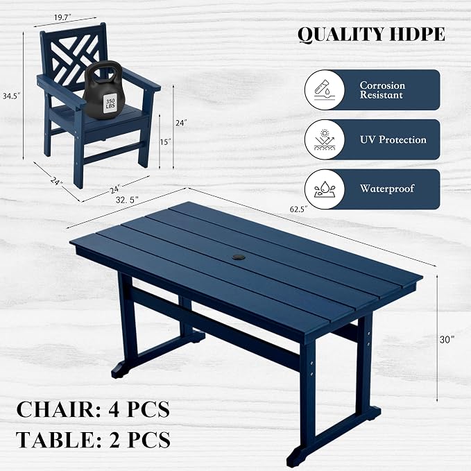 HDPE Outdoor Dining Set,6-Piece Outdoor Table and Chairs Include 4 Dining Chairs and 2 Pcs 62.5" Patio Dining Table with Umbrella Hole (Blue)