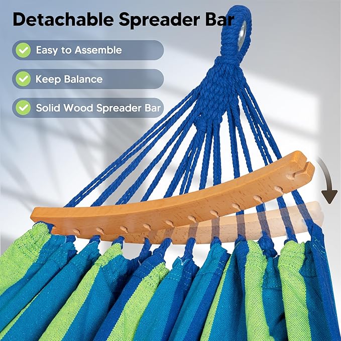 SUNCREAT Hammocks Outdoor Camping Double Hammock with Spreader Bar, Carrying Bag, Blue & Green