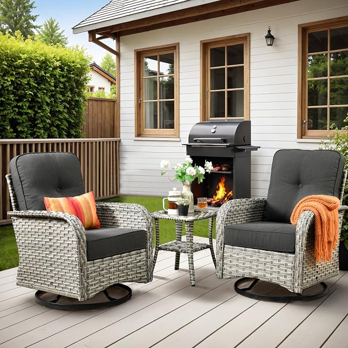 Outdoor Swivel Rocking Chairs Set of 2 with Rattan Side Table, Black