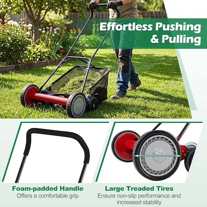 Push Reel Lawn Mower, Cordless 18" Manganese Steel Manual Grass Cutter with 5-Blade, Removable Grass Catcher, 9 Cutting Heights, Walk-Behind Lawn Mower for Garden Farm Yard (Red)