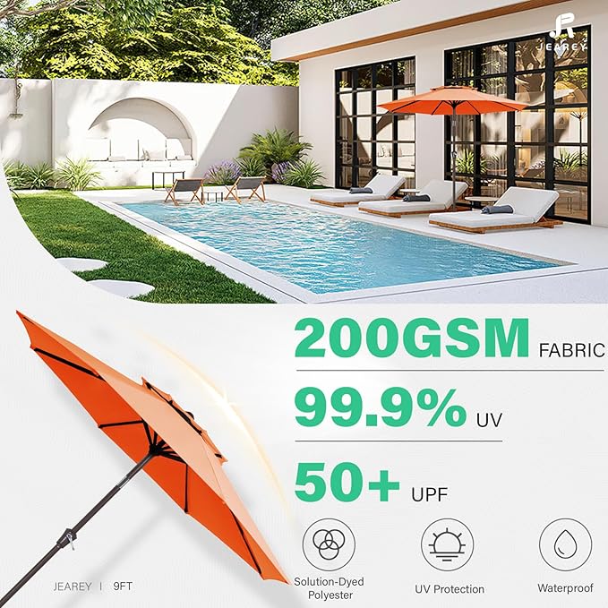 JEAREY 9' 2-Tiers Patio Umbrellas Outdoor Table Market Umbrella w/Push Button Tilt/Crank, 8 Sturdy Ribs, UV Protection Waterproof Sunproof(Orange)