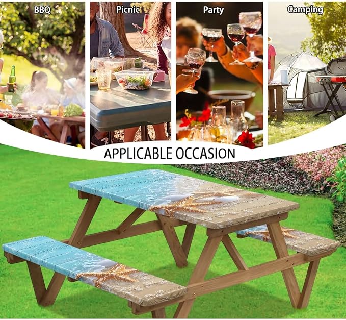 Starfish Picnic Table Cover with Bench Covers Lightweight Camping Essentials, Oil-Proof Waterproof 3PCS Tablecloth with Elastic, Fitted for Table 6FT Rectangle and Seats