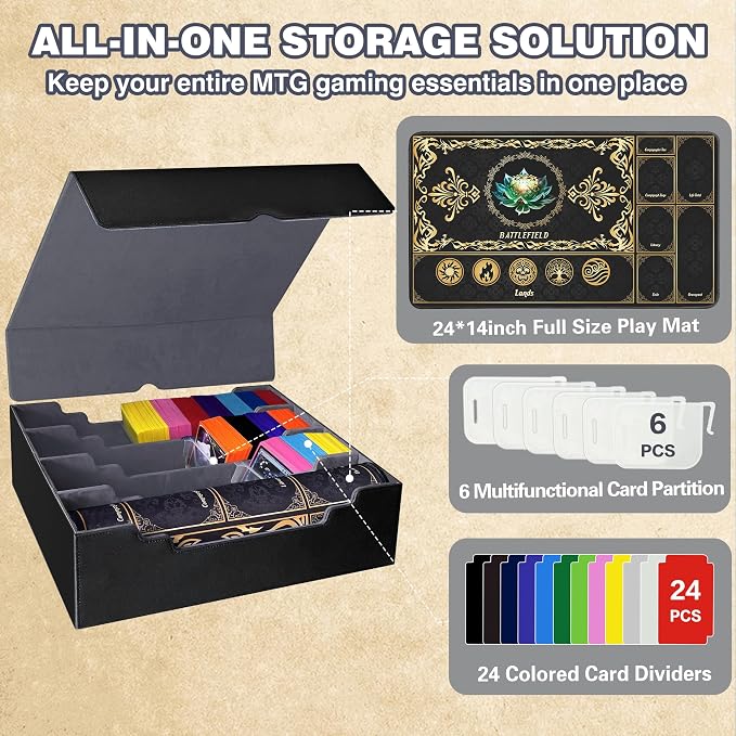 PROMAXIBINDER Trading Card Storage Box Fits 4000+ Cards, 4-Row MTG Commander Deck Case with Playmat, 6 Movable Partitions 24 Dividers PU Leather Magnetic Closure, Magic/TCG/YuGiOh/Sport (Black&Grey)