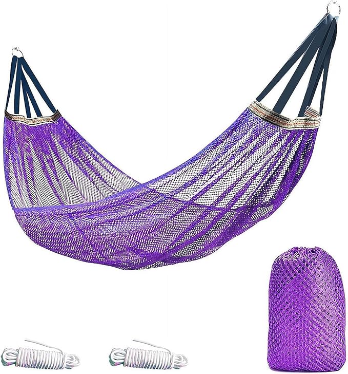 Camping Hammock Nylon Mesh Portable Hanging Bed Outdoor Hammock for Adults 440lbs Capacity, Anti-Roll Breathable Hammocks for Hiking Travel Beach Garden Backpacking(Purple)