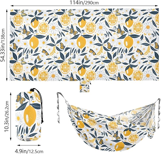Camping Hammock Outdoor Hammocks for Outside Lemons Flower Butterfly Beach Trees Portable Lightweight with Pockets Tree Straps Indoor
