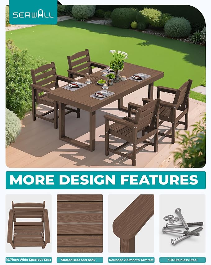 SERWALL HDPE Outdoor Dining Set for 4, 67'' Patio Table and Chairs Set | with Armchair Seat