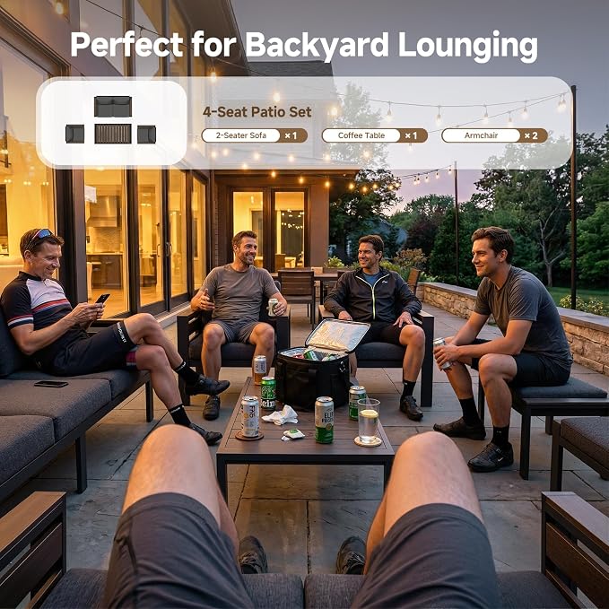 Outdoor Aluminum Patio Furniture Set, 4 Seat 4 Pieces Patio Conversation Sets with 28D Thick Washable Cushions and Coffee Table, Oversized Metal Sectional Sofa Set for Backyard Porch Deck Dalcony