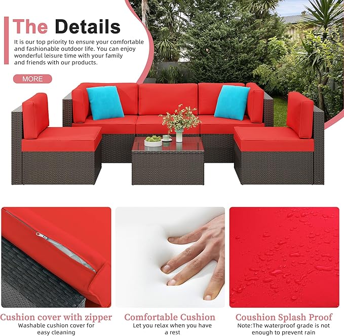 Shintenchi 6 Pieces Patio Furniture Sets Outdoor All-Weather Sectional Patio Sofa Set PE Rattan Manual Weaving Wicker Patio Conversation Set with Glass Table&Ottoman Cushion and Red Pillows, Red