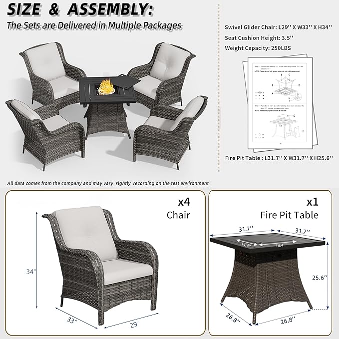 5 Pcs Patio Furniture Set with Fire Table-31'' Fire Pit Table, 4 Outdoor Rattan Wicker Conversation Chairs (4 Fixed Chairs) (Beige)