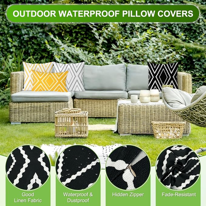 M METERXITY 2-Pack Outdoor Waterproof Throw Pillow Cover, 16x16 Inch Linen Boho Geometric Decorative Cushion Cover for Patio/Balcony, Water Resistant Pillow Case [Black with White Stripe]