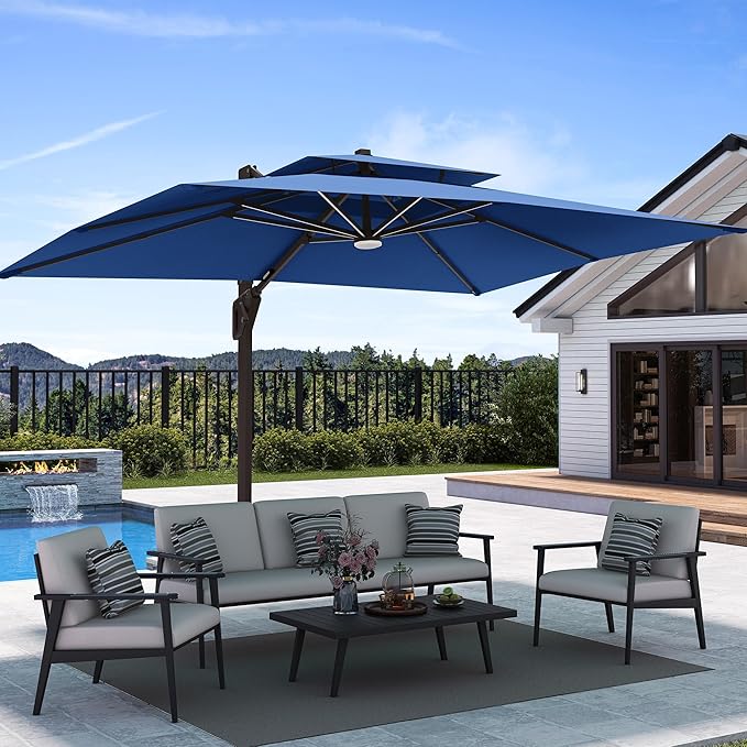 9' X 12' Patio Umbrella with Weighted Base and LED Lights Outdoor Cantilever Large Rectangle Offset Umbrellas Heavy Duty Aluminum Double Top with 360-degree Rotation for Pool Garden Deck, Navy