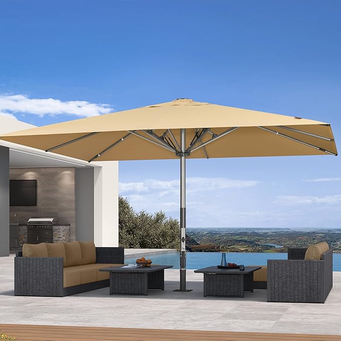 PURPLE LEAF 11 x 15 FT Extra Large Commercial Rectangle Patio Umbrella Oversized Market Umbrella with Semi-Auto Open Maximum Coverage for Resort Hotel Cafe Restaurant Poolside and Garden Business Use Beige