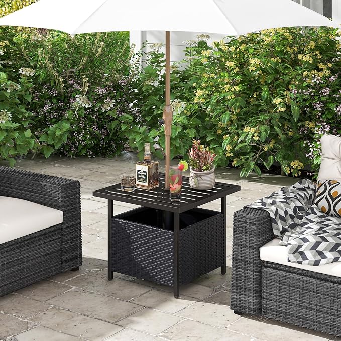 HAPPYGRILL Wicker Patio Umbrella Table with 1.57” Umbrella Hole, Outdoor Rattan Side Table with Heavy Duty Metal Frame, 22” Square PE Rattan End Table for Deck Backyard Poolside (Black)