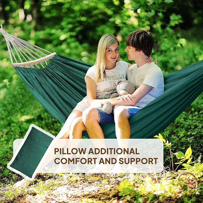 Chihee Cotton Hammock Holds Up to 660lbs Fabric Hammock 8.9x4.9ft Soft Portable Tree Hammocks Camping with Detachable Spreader Bar Pillow 2 Strong Webbings 2 Carabiners Indoor Outdoor Backyard Garden