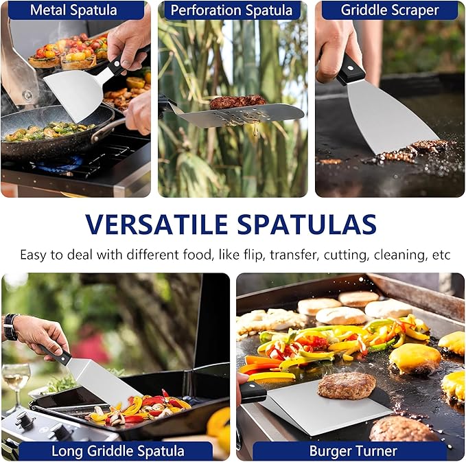 18Pcs Griddle Accessories Kit for Blackstone, Joyfair Flattop Grilling Accessory Set with Smash Burger Press, Stainless Steel Spatula Tools with Basting Cover for Outdoor BBQ Cooking (ABS Handles)
