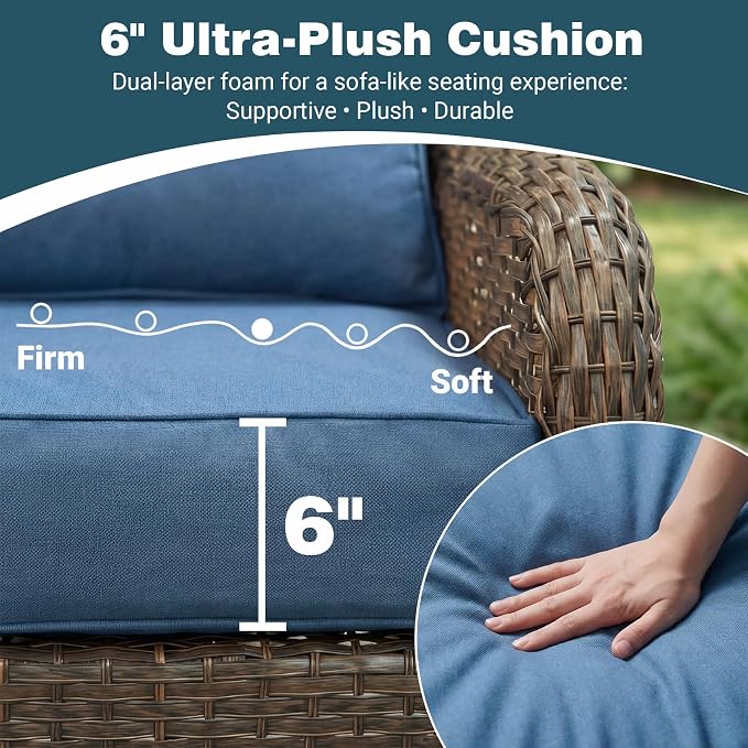 Luxury Patio Conversation Set, 5-Piece Ergonomic High Back Wicker Swivel Chair Set with 6-Inch Deep Seating Cushions, Large Patio Furniture Set for Garden, Deck & Balcony, Navy Blue