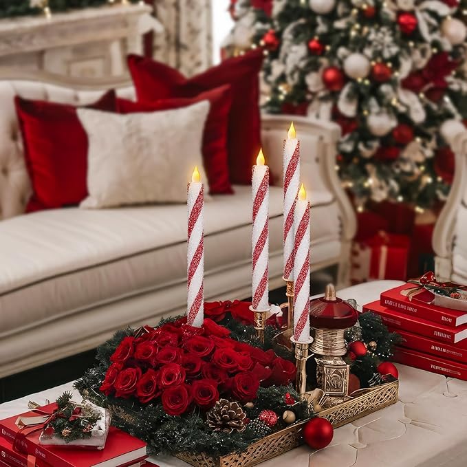 Christmas Flickering Flameless Taper Candles - 6PCS Glitter Candy Cane Red and White Stripes Sea Salt Real Wax Battery Operated Candles For Christmas Party Wedding Winter Home Decoration Xmas Decor