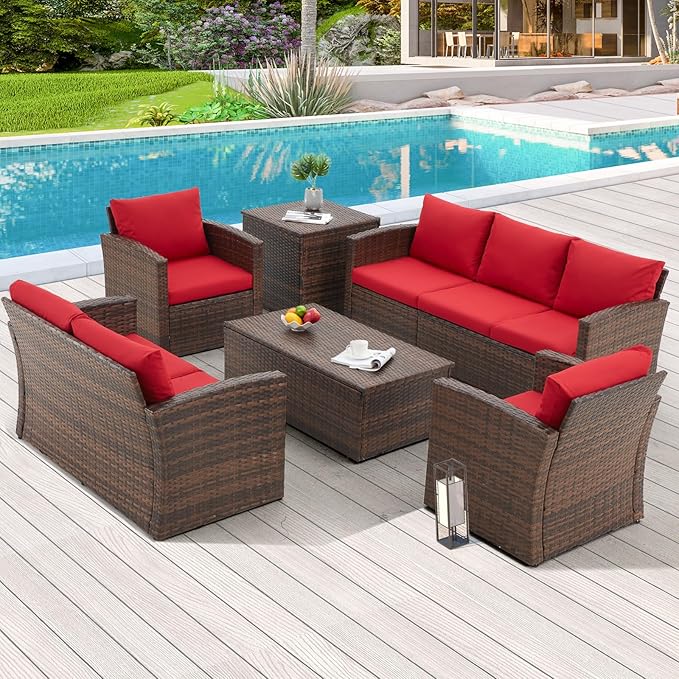 AECOJOY 7 PCS Patio Furniture Set with Two Storage Boxes&Patio Set Cover, Outdoor Rattan Conversation Set, PE Wicker Sectional Sofa Outdoor Furniture, Brown Rattan&Red Cushions