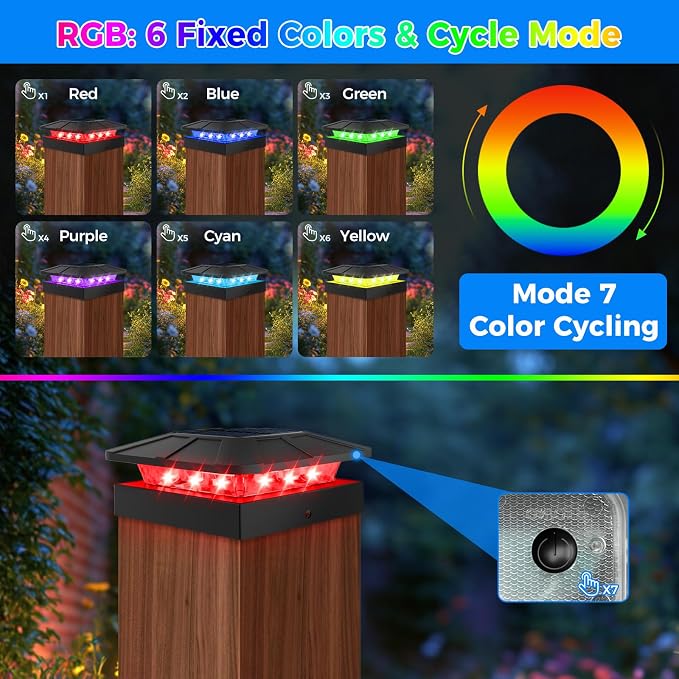 4x4 Solar Post Cap Lights RGB Color Changing, 8 Packs LED Deck Fence Light Solar Powered Outdoor Waterproof, Wood/Vinyl Posts Top Lighting for Outside Yard Garden Patio