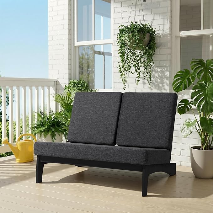 UIXE All Weather Patio Furniture Sets, 3 Pieces Black Wood Patio Loveseat Sofa Outdoor Sectional Futniture Backyard Conversation Set with Solid Wooden Coffee Table - Dark Gray