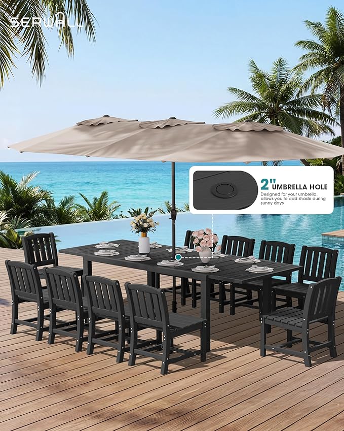 SERWALL Outdoor Expandable Dining Table 60" - 83", Patio Dining Table for 4-10 People, All Weather HDPE and Aluminum Outdoor Furniture, Black