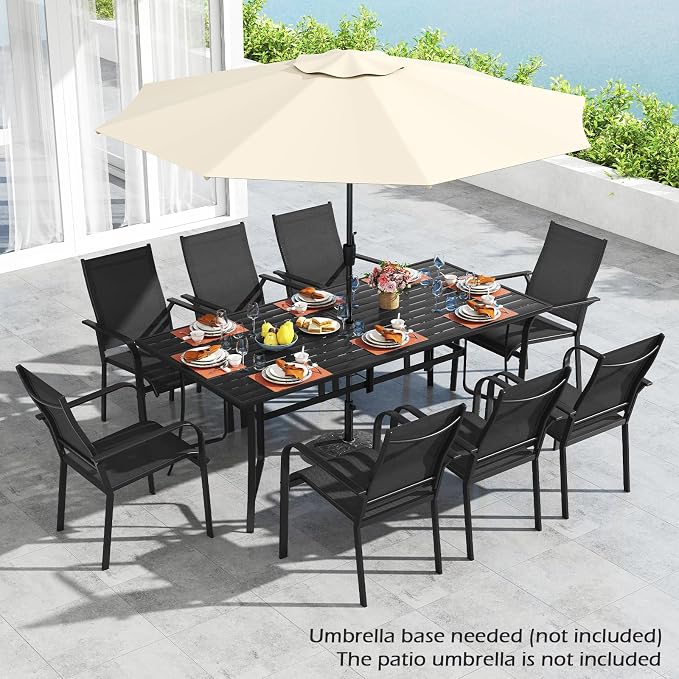 Tangkula 9 Pieces Patio Dining Set for 8, Outdoor Rectangular Table and Stackable Chairs with Umbrella Hole, Outside Furniture Set for Backyard, Garden and Deck (Black)