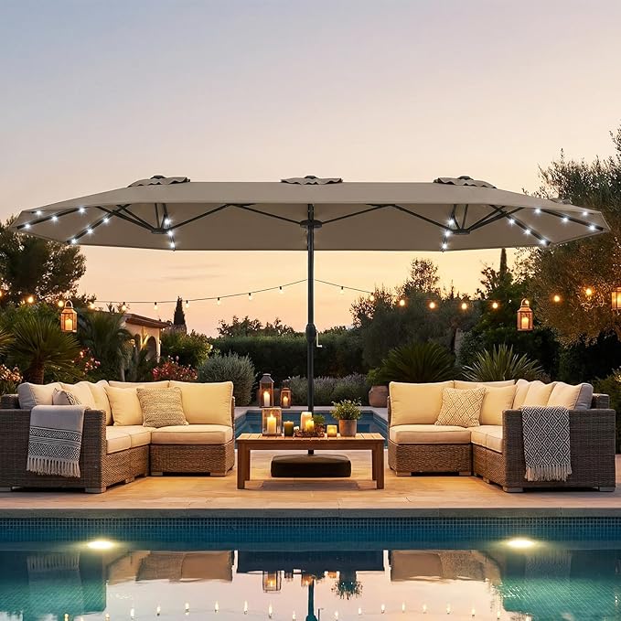Tangkula 13FT Double-Sided Solar Patio Umbrella, Extra-Large Outdoor Twin Umbrella with 36 LED Lights, Vented Top, Crank Handle, 12 Ribs, Weighted Base Included for Backyard Poolside Deck (Tan)