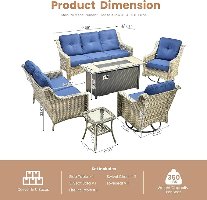 HOOOWOOO Patio Furniture Set,6 Pieces Wicker Outdoor Furniture,High Back Conversation Set with All Weather Resistant Fire Pit Table Couch Swivel Chairs,Navy Blue